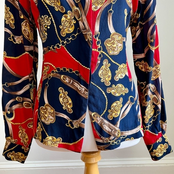 Vintage Stephanie Andrews 100% Silk Equestrian Navy Red Button Down Blouse Shirt - Picture 5 of 16